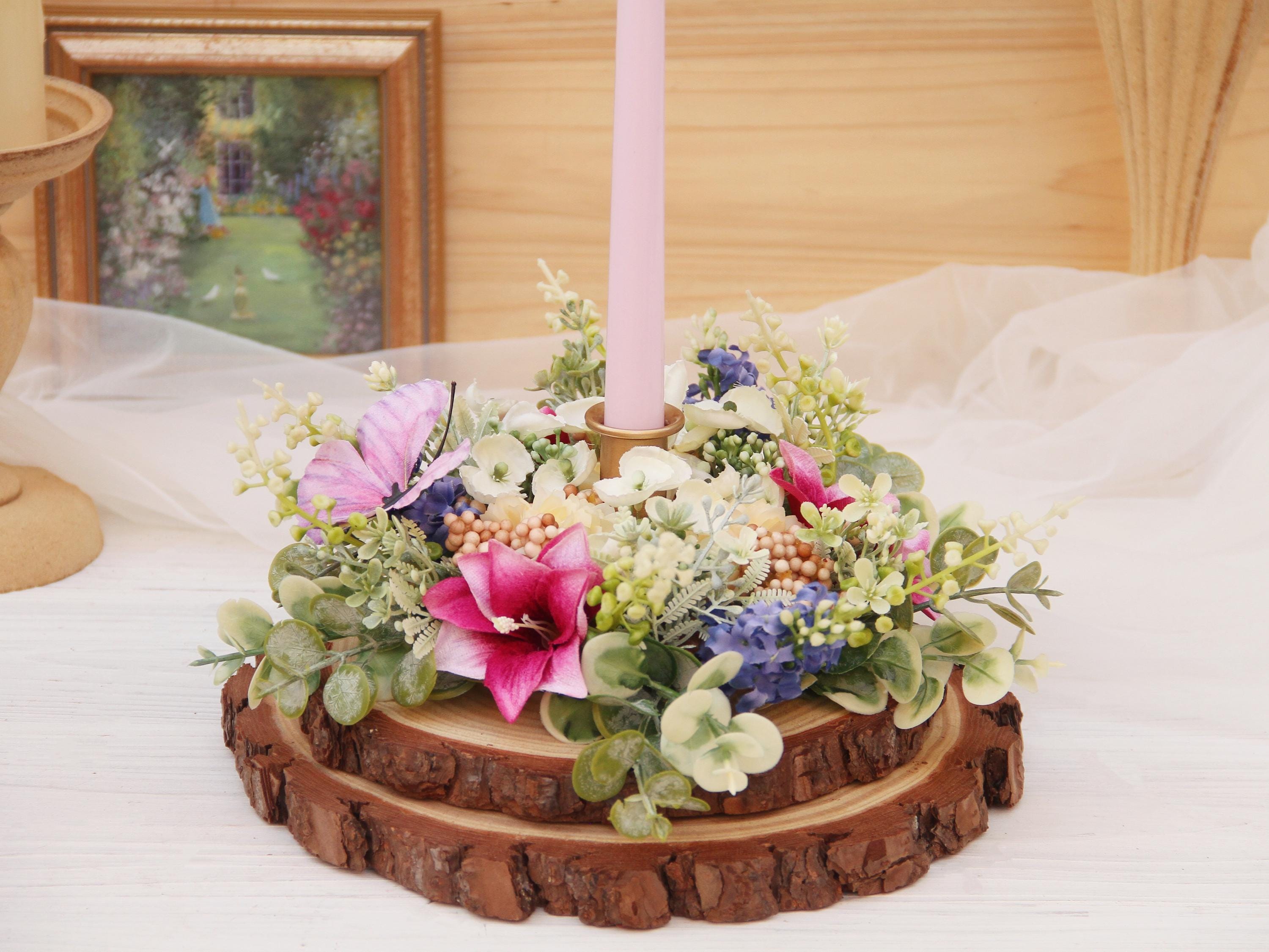 Floral Candle Ring: Wood Slice Centerpiece with Butterfly
