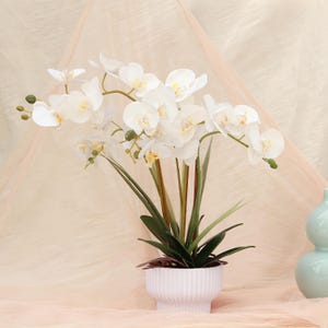 May include: A potted artificial orchid plant featuring multiple white flowers with yellow centres, green stems, and long green leaves. The plant is housed in a white, vertically ribbed, cylindrical ceramic pot with a flared base design.