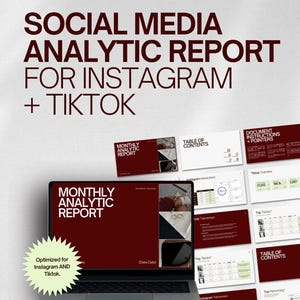 Könnte beinhalten: Ein Laptop mit einem "Monatlichen Analysebericht" mit burgunderfarbenem Hintergrund, optimiert für Instagram und TikTok. Das Bild enthält eine Reihe von Präsentationsfolien und den Text "Social Media Analytic Report for Instagram + TikTok."