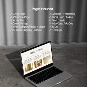 May include: A silver laptop showing a webpage with the heading "Core Offerings" and image previews. The laptop is open on a grey surface. The background lists included pages, including "Cover Page" and "Client Case Studies".