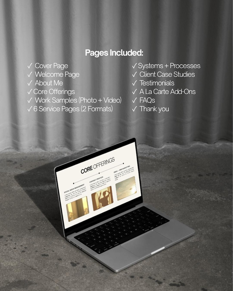 May include: A silver laptop showing a webpage with the heading "Core Offerings" and image previews. The laptop is open on a grey surface. The background lists included pages, including "Cover Page" and "Client Case Studies".