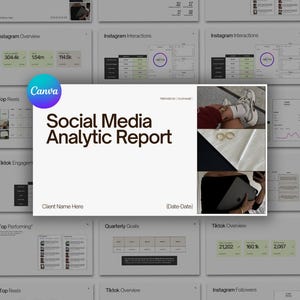 Puede incluir: Una presentación digital titulada "Social Media Analytic Report" con un logotipo de Canva. El informe incluye visualizaciones de datos, gráficos y tablas. El diseño de la presentación es limpio y moderno, con un enfoque en el análisis de datos y métricas de redes sociales.