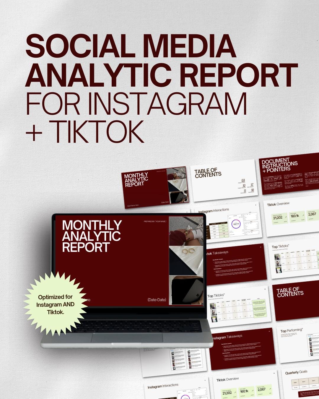 Instagram & Tiktok Monthly Analytics Report Template (canva Digital ...