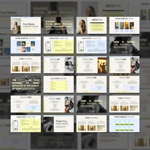 May include: A digital marketing portfolio presentation with multiple slides. The slides feature text such as "Your Name Creative Portfolio", "Building Beautiful Social Media Profiles", and "Work Samples". The color scheme is primarily white, beige, and black.