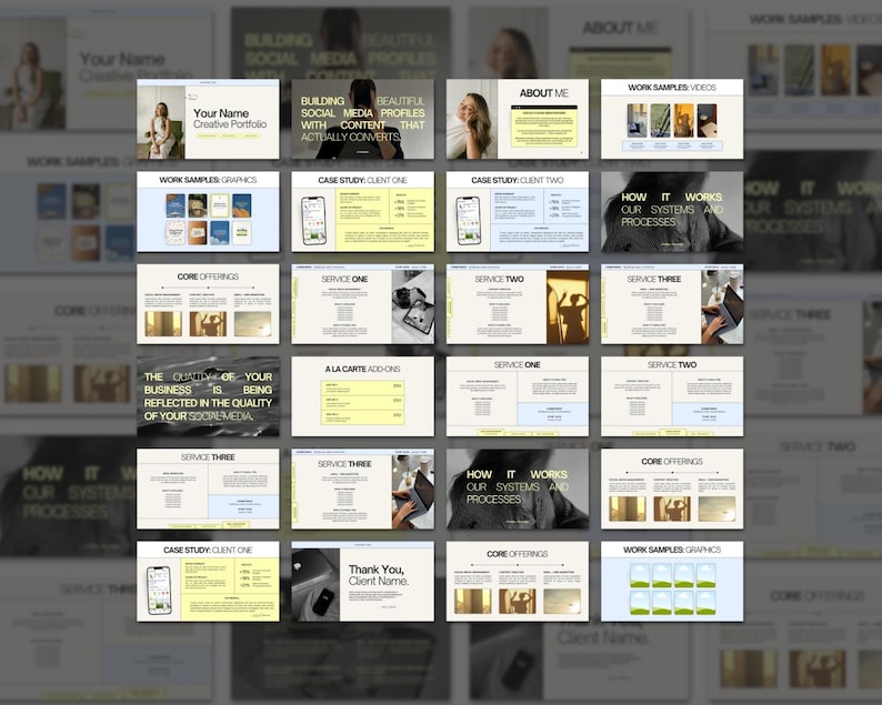 May include: A digital marketing portfolio presentation with multiple slides. The slides feature text such as "Your Name Creative Portfolio", "Building Beautiful Social Media Profiles", and "Work Samples". The color scheme is primarily white, beige, and black.