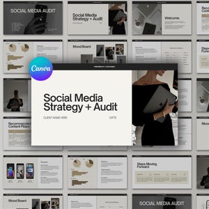 Puede incluir: Una plantilla de presentación con el título "Social Media Strategy + Audit" en un diseño moderno y minimalista. El logotipo de Canva es visible. Las diapositivas incluyen gráficos, tablas y texto, lo que sugiere un tema de negocios o marketing.