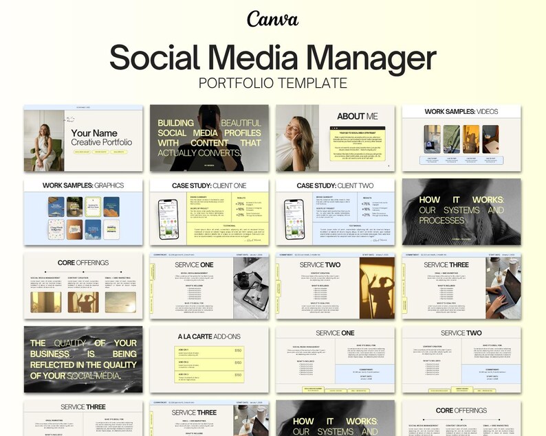 social media manager starter kit content manager portfolio canva template social media manager canvas portfolio starter kit bundle social media content creator tool kit template bundles freelance listing photo graphic design modern minimalistic