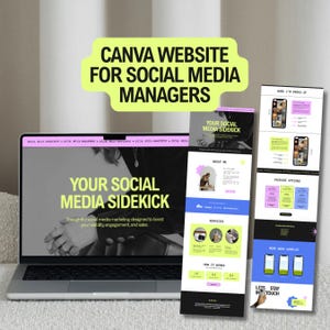 Puede incluir: Un portátil y maquetas de teléfonos muestran un diseño de sitio web. El sitio web, titulado "Your Social Media Sidekick", está dirigido a gestores de redes sociales. El diseño utiliza un esquema de color verde claro y púrpura, con el texto "Canva Website for Social Media Managers."