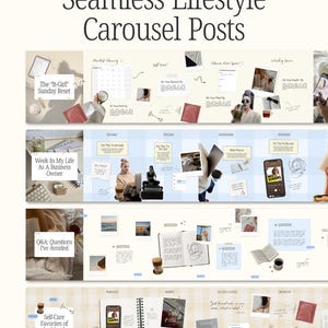 Könnte beinhalten: Grafikdesign-Layout mit dem Text "Seamless Lifestyle Carousel Posts". Das Design umfasst verschiedene Karussell-Posts zum Thema Lifestyle mit Texten wie "The 'It-Girl' Sunday Reset" und "Self-Care Favorites of the Month".