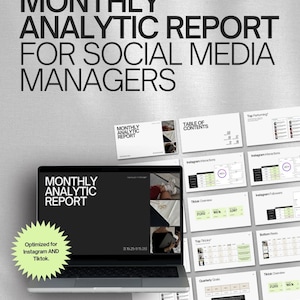 Könnte beinhalten: Ein Laptop mit einem "Monatlichen Analysebericht" für Social-Media-Manager, mit einem grünen Stern-Grafik, die "Optimiert für Instagram UND TikTok" anzeigt. Zusätzliche Seiten zeigen Datenvisualisierungen und Diagramme.