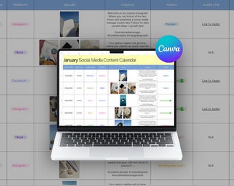 May include: A laptop displays a January social media content calendar. The calendar is on a spreadsheet with various visual elements. The Canva logo is visible. The background is a grid with text and links.
