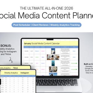 May include: A laptop screen showing a social media content calendar for January 2026, with tablets displaying weekly analytics for Instagram and TikTok. The text reads "The Ultimate All-In-One 2026 Social Media Content Planner."