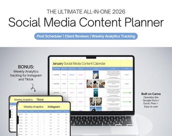 Op de afbeelding: Een laptop met een social media content kalender voor januari 2026, met tablets die wekelijkse analyses voor Instagram en TikTok tonen. De tekst luidt "The Ultimate All-In-One 2026 Social Media Content Planner."
