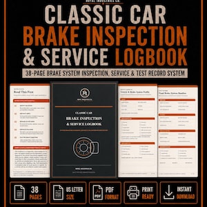 Könnte beinhalten: Ein 38-seitiges Logbuch zur Bremseninspektion und Wartung von Oldtimern von Royal Industries Co. Das schwarz-orange Dokument zeigt ein Titelblatt mit einer Bremsscheibengrafik sowie Innenseiten mit Checklisten für Fahrzeugbremssysteme.