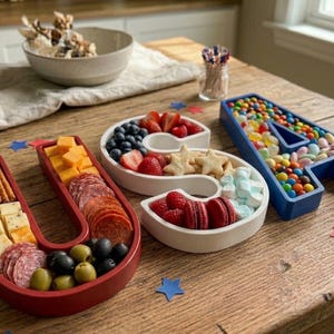 May include: A wooden table displays a patriotic-themed food arrangement spelling "USA". The red "U" holds crackers, cheese, salami, and olives. The white "S" contains berries, cookies, and macarons. The blue "A" is filled with colorful candies.