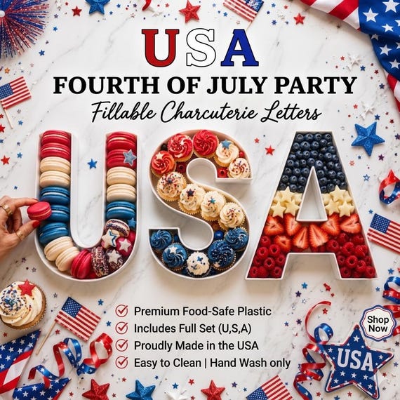 USA Fillable Charcuterie Letters | 4th of July | TEAM USA World Cup Party Tray (Food-Safe Plastic)