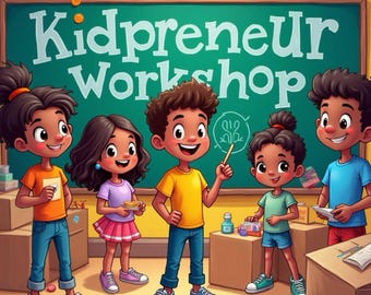 May include: Illustration of a "Kidpreneur Workshop" with five diverse children in colorful outfits. The background features motivational signs and the text "A Prosperity Rose Creation". The image has a cartoon style.