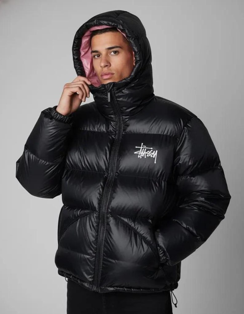 Handmade Black Stussy Puffer Hoodie Jacket | Unisex Black Stussy Inspired Streetwear Coat | Warm Winter Fashion Lightweight Bubble Jacket imagem 1