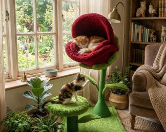 Whimsical Flower Cat Tree, Giant Plant Cat Tower, Aesthetic Floral Cat Bed, Green Scratching Post, Cute Mushroom Cat Furniture, Pet Gift