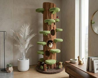Giant 90" Tall Forest Cat Tree Tower, Large Aesthetic Feline Furniture, Multi-Level Tree Trunk Condo with Green Platforms & Ladybug Toys