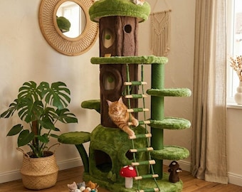 Árbol rascador de lujo para gatos, casita alta con forma de seta, mueble de interior estético y grande para gatos, zona de juegos de escalada multinivel, poste rascador