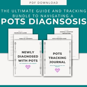 Pode incluir: Um pacote digital de guias e diários para o diagnóstico de POTS. A capa do guia "Recém-diagnosticado com POTS" apresenta um símbolo de coração. O "Diário de acompanhamento de POTS" também é visível. O texto diz "PDF Download".