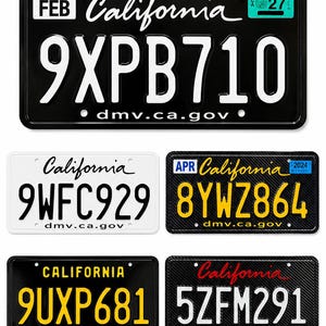 May include: Five rectangular California license plates with various designs. One is black with white text 9XPB710, one white with black text 9WFC929, one black with yellow text 8YWZ864, one black with yellow text 9UXP681, and one black with white text 5ZFM291.