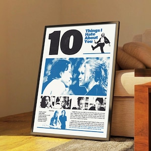 May include: Framed movie poster for "10 Things I Hate About You" in blue and white. The poster features images of the actors and the movie title. The text includes the movie title, the number 10, and the movie's cast.