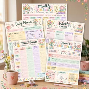 May include: A set of printed paper planners including a monthly calendar, daily planner, weekly planner, meal planner, and habit tracker. Each sheet features pastel floral illustrations, colourful headers, and organised sections for scheduling, tasks, and goals.