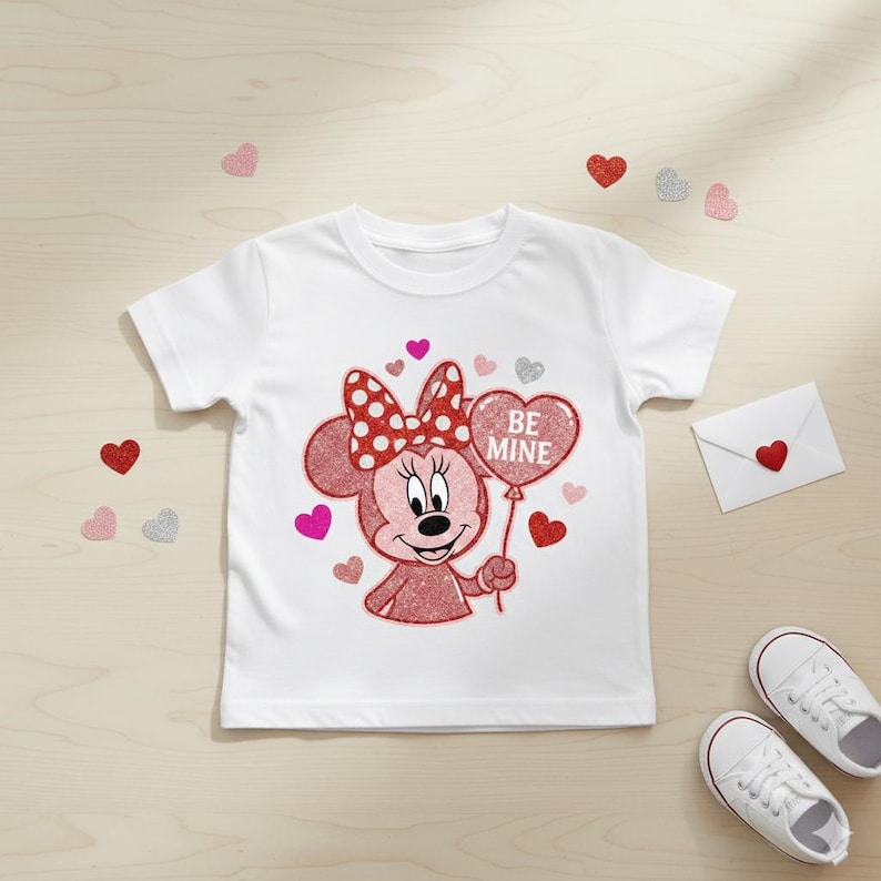 May include: White t-shirt featuring a glittery Minnie Mouse design holding a heart-shaped balloon with the words "BE MINE." The design includes a red polka-dot bow and various heart accents. A white envelope with a heart and white sneakers are also visible.