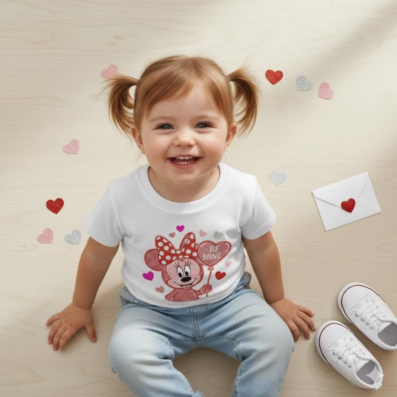 May include: A smiling toddler wearing a white t-shirt with a Minnie Mouse graphic holding a heart-shaped balloon that says "Be Mine." The child is wearing blue jeans and white sneakers. Scattered heart-shaped decorations are on the wooden surface.
