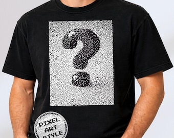 Camiseta retro con signo de interrogación pixelado, camiseta gráfica con tramado de 8 bits, estilo urbano minimalista.