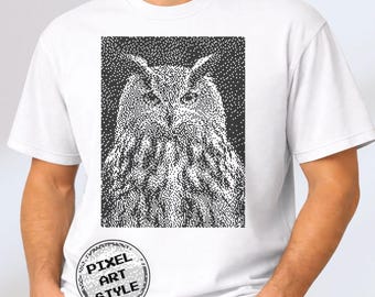 Camiseta de búho estilo pixel art, camiseta con estampado vintage de fauna salvaje, camiseta con estampado de naturaleza del bosque.