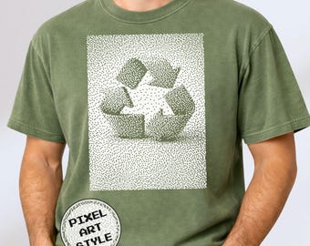 Camiseta con símbolo de reciclaje, camiseta de conciencia ecológica, regalo de pixel art, colores cómodos 1717, 1BitWear