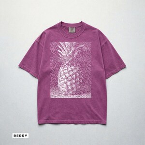 Pixel Pineapple T-Shirt, Retro Summer Tropical Tee, Garment-Dyed Cotton Shirt 5 - Berry