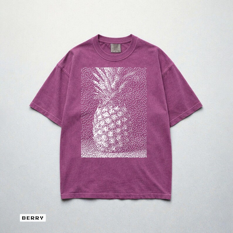 Pixel Pineapple T-Shirt, Retro Summer Tropical Tee, Garment-Dyed Cotton Shirt 5 - Berry