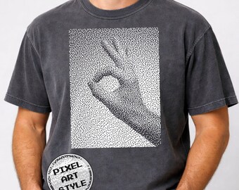Camiseta con estampado de pixel art de la mano "OK", camiseta teñida en prenda de colores retro Comfort, 1BitWear