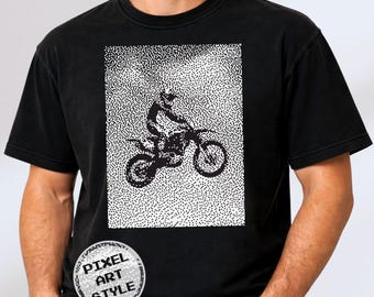 Camiseta de motocross con estampado pixel art, camiseta retro de moto de cross, ropa para motociclistas todoterreno.
