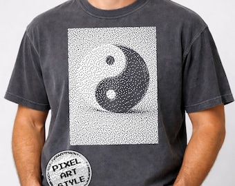 Camiseta con diseño de Yin Yang en pixel art, camiseta retro con símbolo de equilibrio con efecto tramado (Colores cómodos 1717) 1BitWear