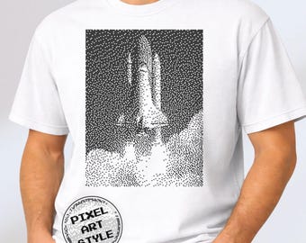 Space Shuttle T-Shirt, Pixel Art Tee, Dithered Retro Shirt, Sci Fi Graphic Tee, Comfort Colors 1717, 1BitWear
