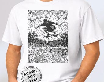 Camiseta de skate retro con estampado pixel art, camiseta gráfica urbana, camiseta Comfort Colors®