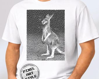 Camiseta retro con estampado de canguro pixel art, camiseta con efecto tramado de fauna australiana, Comfort Colors 1717, 1BitWear