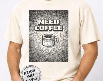 Camiseta Need Coffee, camiseta retro con estampado pixelado, algodón grueso Comfort Colors 1717, 1BitWear