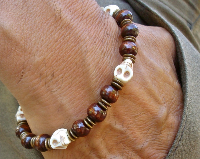 Rocker Man Bracelet with Off-White Howlite Skulls, Brown Wood, Antique Brass Rondelles - Steampunk Man Bracelet - Hippie Man Bracelet