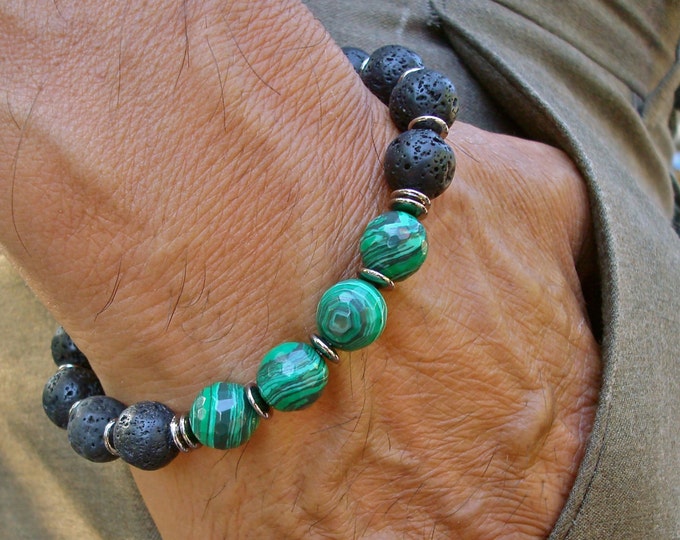 Men's Spiritual Healing, Strength, Negativity Protection Bracelet with Semi Precious Malachite, Black Lava, Gunmetal Rondelles and Bali Bead