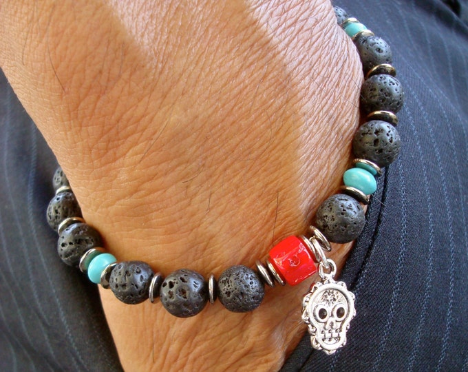 Men's/Unisex Spiritual Protection Bracelet with Semi Precious Red Coral, Turquoise, Lava, Day of the Dead Skull Charm, Gunmetal, Wood