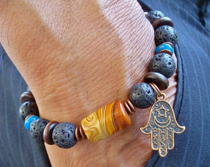 Men's Bracelet Spiritual Healing, Courage and Strength, Evil Eye Protection with Filigree Copper Hamsa Hand, Lava, Shell, Murano Lampwork
