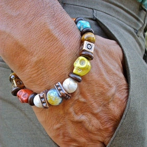 Men's Bohemian Rocker Bracelet with Semi Precious Gray Fire Agate, Tiger's Eye, Turquoise, Wood, Colorful Turquoise Skulls, Copper Cubes