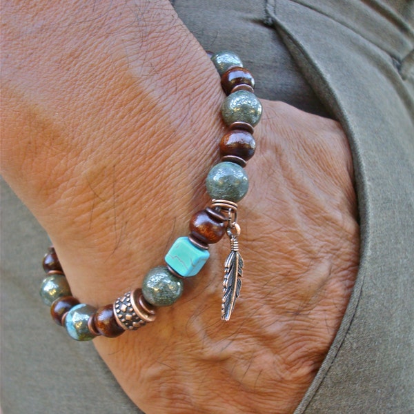 Men's Protection, Luck Tribal Bracelet with Semi Precious Peacock Ore, Turquoise, Mala Wood, Copper Feather Charm - Native American Bracelet