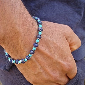 Men's Minimalist Spiritual Friendship Protection Bracelet with Semi Precious Lapis Lazuli, Turquoise, Hematite - David Beckham Bracelet